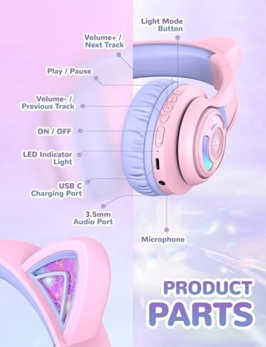 Magical Cat Ear Bluetooth Headphones for Kids – Mesmerizing Gradient Pink with LED Glow, 50-Hour Battery Life, Safe 74/85 d BA Volume Limiting, Superior Bluetooth 5.2 Connectivity & Rapid USB-C Charging for Ultimate Travel Convenience and Enjoyment