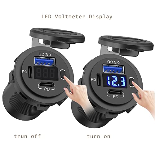 High-Performance 12 V Dual USB Car Charger with Quick Charge 3.0 and USB-C Port – Compact Voltmeter & Power Switch for Enhanced Safety in Cars, Boats, and Trucks – 2 Pack for Fast and Versatile Charging Solutions