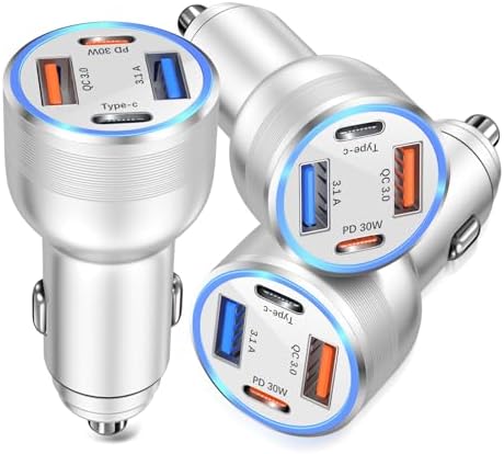 Bangfun 3-Pack 65 W USB C Car Charger – Fast 4-Port QC 3.0 & PD 30 W Adapter for i Phone 15/14/13, i Pad Pro, Samsung & Android Devices – Sleek Silver Cigarette Lighter Charger for Effortless Travel Power Management