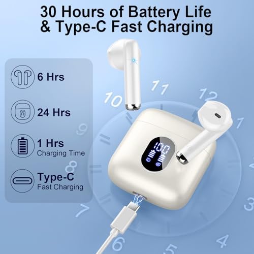 Advanced Bluetooth 5.3 Wireless Earbuds – Hi-Fi Stereo Sound for Ultimate Audio Experience, 4 ENC Mics for Superior Call Clarity, Featherlight 3 g Build for Unmatched Comfort, 30-Hour Playtime with Sleek USB-C Charging Case, IP7 Waterproof for All-Weather Durability, Seamlessly Compatible with Android & i OS – Ideal for Music Aficionados and On-the-Go Professionals