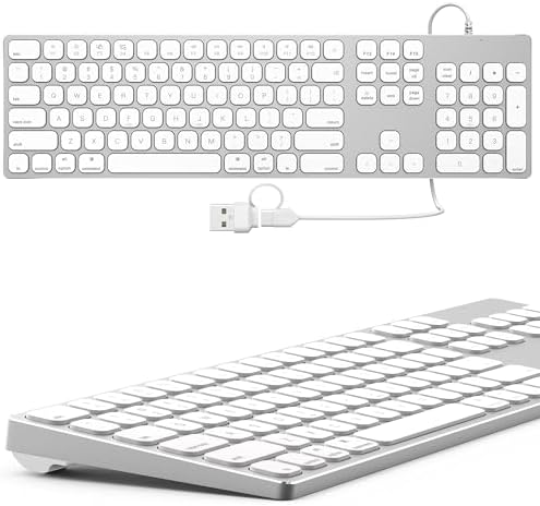 Sleek All-Aluminum Wired Keyboard for Mac OS – Full-Size USB Design with Numeric Keypad for Effortless Data Entry, Exceptional Durability, and Enhanced Typing Speed – Perfectly Compatible with i Mac, Mac Book, i Pad, and Mac Mini – Elevate Your Workspace with Elegant Silver Finish
