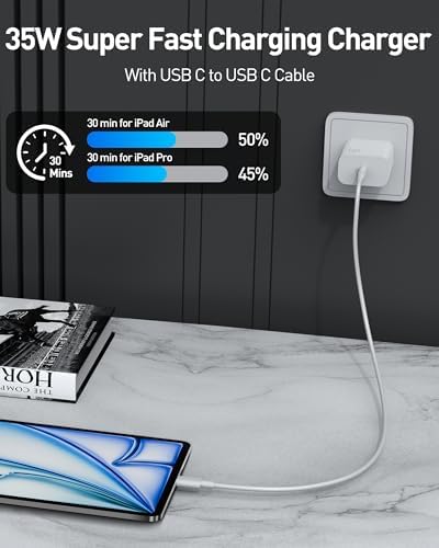 35 W USB-C Rapid Charging Wall Adapter with 6 FT Type-C Cable for i Pad Pro 2024/2022/2021/2020, Air 6/5, Mini 7/6 – Ultra-Portable, High-Efficiency Charger for Professionals and Students, Optimized for Seamless Device Compatibility and Speed
