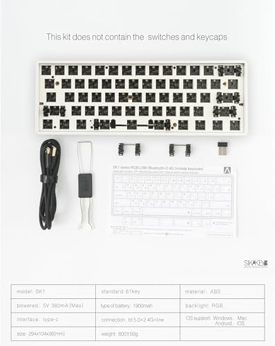 Unleash Your Creativity with the SK1 60% DIY Mechanical Keyboard Kit – Customizable RGB Hot-Swap Design for Enhanced Gaming and Typing, Tri-Mode Connectivity (Bluetooth 5.0, 2.4 GHz, Type-C), GH60 Compatible, Sleek White Finish – Perfect for Enthusiasts and Casual Users!