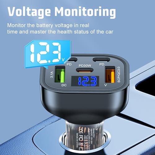 5-Port PD30 W Quick Charge USB-C Car Charger with LED Voltage Display – Ultimate Multi-Device Charging Solution for i Phone 16/15/14/13/12/11 Pro Max Plus & Samsung Galaxy S24/S23 – Fast & Efficient Cigarette Lighter Adapter for On-the-Go Power