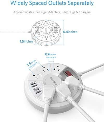 BESTEK Travel Power Strip – 6-Foot Extension Cord with 4 USB Ports & 6 Outlets, Surge Protector for Dorms, Bedside & Cruise Ships, 13 A 125 V, 220 Joules, Enhanced Charging Hub for All Devices, White