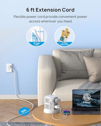 TROND Tower Surge Protector Power Strip – 14 Spacious Outlets & 4 Fast USB Ports (2 USB-C) – 2100 Joules Surge Defense – 6 Feet Versatile Extension Cord for Home Office & Dorm Setup – Streamlined Design for Optimal Charging Efficiency and Device Safety
