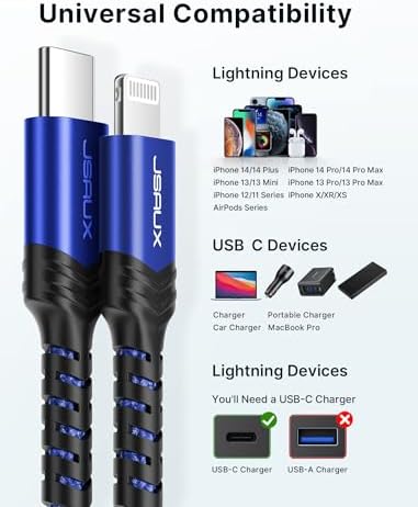 JSAUX 6 FT USB C to Lightning Cable – Apple MFi Certified Fast Charging Cord for i Phone 14/13/12 Series – Durable Braided Nylon, Tangle-Free Design, Vibrant Red – Optimal Compatibility & Speed for Seamless Connectivity