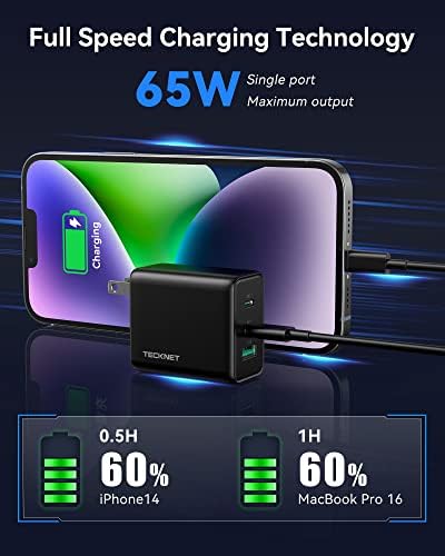 TECKNET 65 W Ga N Wall Charger – PD 3.0 USB-C Fast Charging Adapter with 3 Ports, Foldable Travel Plug for i Phone 16 Series, Galaxy S24/S25, Mac Book Pro, and Switch – Ultimate Power Solution for On-the-Go Efficiency and Versatility