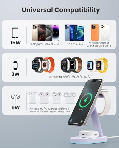 Ultimate 3-in-1 Wireless Charging Station for i Phone, Apple Watch, and Air Pods – Qi2 Certified 15 W Magnetic Charger with 30 W USB-C Adapter & Integrated Night Light – Streamlined Design for i Phone 16/15/14/13/12 – Superior Speed and Enhanced Compatibility for Modern Tech Users