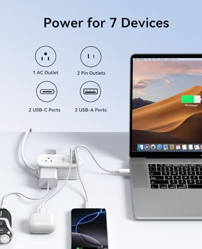 ORICO 65 W Ga N Travel Power Strip: 7-in-1 Charging Solution with 3 AC Outlets, 2 USB-A, 2 USB-C Ports, Flat Plug Design & 4 FT Extension Cord – Ultimate Fast Charger for Mac Book Pro/Air, i Pad Pro, i Phone 15/14/13 – Lightweight & Portable for Effortless Travel