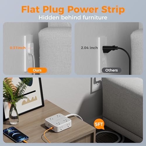 TESSAN Power Strip Tower Surge Protector: 8 AC Outlets & 3 USB Ports (1 USB-C) with 900 Joules Protection, 5 FT Flat Plug Extension Cord – Ultimate Desk Charging Station for Home Office and Dorm Room Efficiency