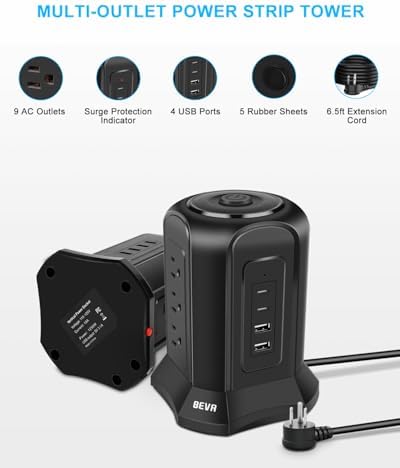 BEVA Tower Surge Protector Power Strip: 9 AC Outlets & 4 Fast-Charging USB Ports for Ultimate Device Connectivity, 6.5 FT 18 AWG Extension Cord with 3-Prong Flat Plug – Ideal Desk Charging Station for Office, Dorm & Home Use, Ensuring Safety & Efficiency