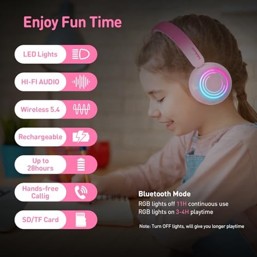 Vibrant LED Bluetooth Headphones for Kids – Lightweight, Hearing-Safe Design with Adjustable Volume Limits, Built-in Microphone, and Ultimate Comfort for School, Travel, and Home – Compatible with Tablets and Smartphones
