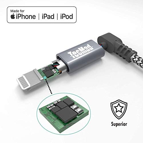 Tec Mad 0.65 ft 90-Degree MFi Certified Lightning Charging Cable – Durable Nylon Braided i Phone Charger for Efficient Power Access with Enhanced Compatibility for i Phone 14/14 Pro, i Phone 13/13 Pro/12, Air Pods Pro, i Pad Pro and More – Perfect for Tight Spaces and On-the-Go Use