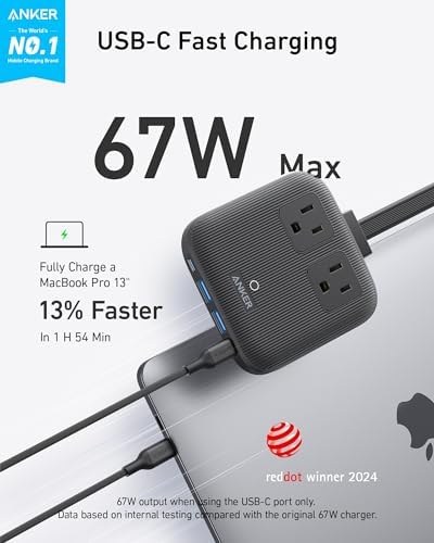 Anker Nano 67 W 6-in-1 USB-C Power Strip: Eco-Friendly Flat Plug Charging Station with Dual AC Outlets, USB-A & USB-C Ports for Fast Charging – Ideal for i Phone 16/15 and Mac Book Users, Perfect for Home & Office Efficiency