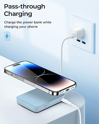 BENKS 10,000 m Ah Magnetic Power Bank – Ultra-Fast Wireless Charger for i Phone 15/14/13/12 Series, Mag Safe-Compatible, Sleek Pink Design with Dual 20 W USB-C Ports for Rapid Charging and Enhanced Portability