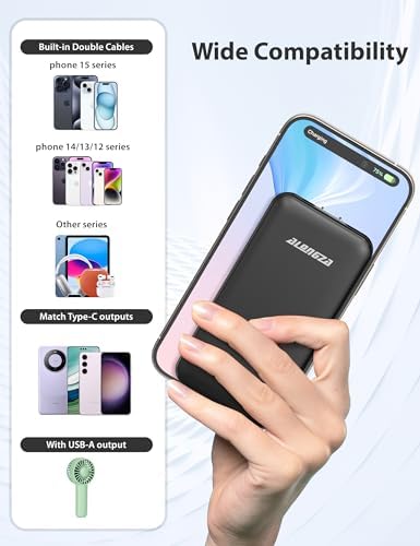 Experience Ultimate Portability with Alongza 10,000 m Ah Fast Charging Power Bank – Sleek Design with Built-In Cables and AC Plug for Effortless Device Charging on the Go – Lightweight, Compact USB C External Battery for Seamless Travel Convenience and Enhanced Compatibility Across All Smartphones and Gadgets