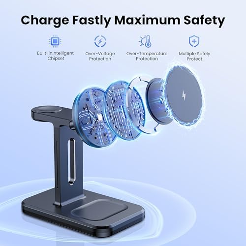 Ultimate 3-in-1 Fast Wireless Charging Station for Magsafe Apple Devices – Sleek Aluminum Charger with Adapter for i Phone 16/15/Pro/Pro Max/14/13/12, Apple Watch & Air Pods – Premium Magnetic Stand for Enhanced Speed and Style