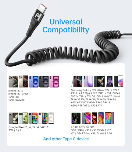 USB C to C 100W 3ft, 2Pack Coiled USB C Charger Cable for Car, Short Type C USBC Fast Charging Cable for iPhone 16/15/Pro/Plus/Pro Max/Samsung Galaxy S23, Compatible All Type C Devices – Enhanced Compatibility and Speed