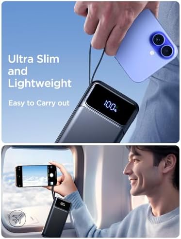 Ultra-Slim 10000 m Ah Power Bank with Built-In Cable – 22.5 W Fast Charging Portable Charger for i Phone, Samsung, Pixel & More – 6 Outputs, 3 Inputs, LED Battery Indicator – Essential Travel Companion for Busy Lifestyles