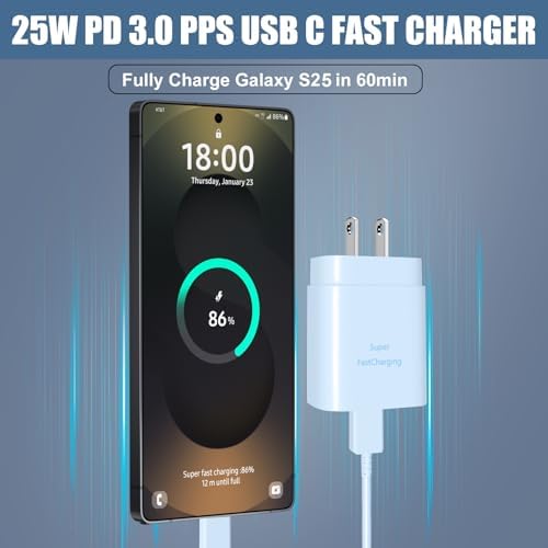 Elevate Your Charging Experience: 25 W USB C Fast Charge Block with 10 Ft Type C Cable for Samsung Galaxy S21-S24 & Note 20 – Optimal Power Delivery for Home and Travel – Exceptional Speed, Enhanced Safety Features, and Ultimate Compatibility for Android Devices