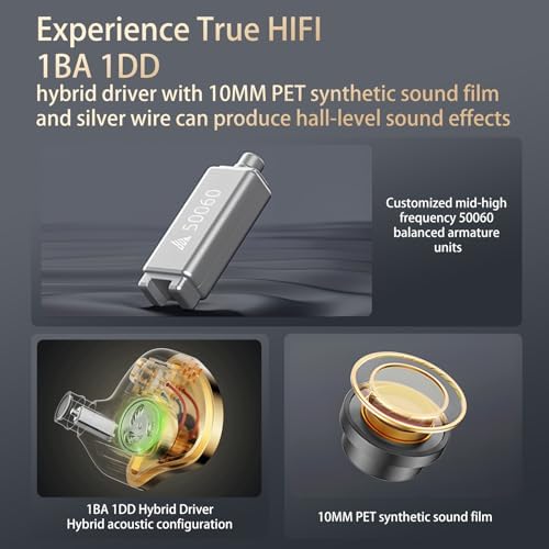 Premium Hybrid In-Ear Monitors with Advanced 1 BA + 1 DD Technology | Unmatched Comfort for Long Listening Sessions | Deep Bass for Gaming and Music Enthusiasts | Ergonomic Design for Noise Isolation and Fit | Universal Device Compatibility | Elevate Your Sound Experience Today
