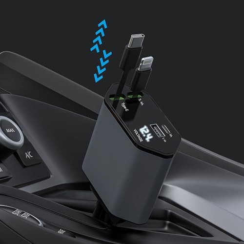 Ultimate Retractable Car Charger with Dual Built-in USB-C & Lightning Cables – PD/QC3.0 Fast Charging for i Phone 16/15, Samsung Galaxy & All 12-24 V Vehicles – Sleek Design, Maximum Portability & Enhanced Device Compatibility for Tech-Savvy Users