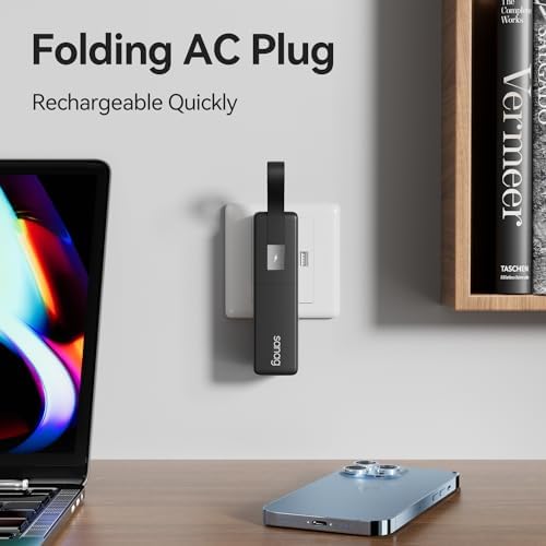 Sanag 3-in-1 Compact Power Bank with Built-in USB-C Cable and AC Plug – 5,000 m Ah Fast Charging Mini External Battery Pack for i Phone 15/14, Galaxy, and Mac Book (Black) – Ultimate Travel Charging Solution for On-the-Go Power Needs