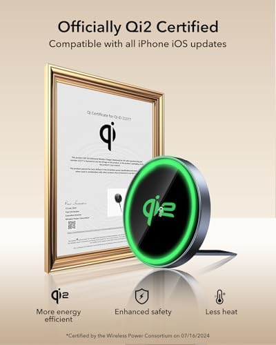 Power Up Your Devices Effortlessly with the ESR Mag Safe Wireless Charger – 15 W Fast Charging Pad with Kickstand for i Phone 15/14/13/12 and Air Pods, Qi2 Certified for Enhanced Compatibility, Includes Type-C Cable, Sleek Black Design for Modern Tech Integration