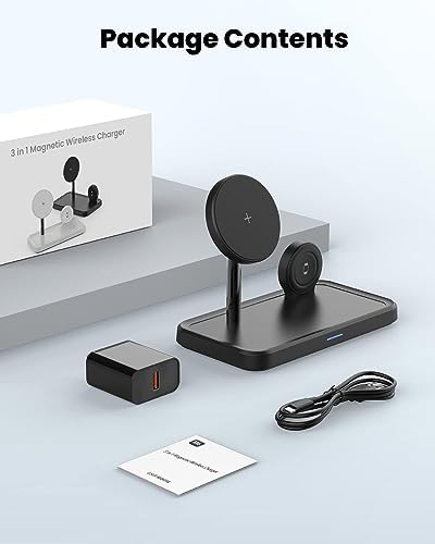 Magnetic Wireless Charging Station for i Phone 15/14/13/12 Pro Max & Apple Devices – Joy Geek 3-in-1 Fast Charger Pad for i Phone, Apple Watch Ultra 9-2, and Air Pods – Compact Design with Enhanced Compatibility and Secure Magnetic Alignment