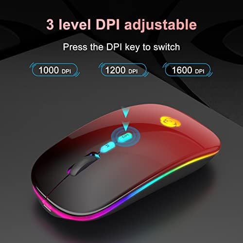 Upgrade Your Workflow with the CC Store LED Wireless Mouse – Dual Connection Modes (Bluetooth & 2.4 GHz), Ultra-Silent Rechargeable Design, Adjustable DPI Settings for Precision, Ergonomic Slim Profile, USB-C Adapter Included – Perfect for Laptops, Mac Books, PCs, Tablets, and i Pads (Black-Red)