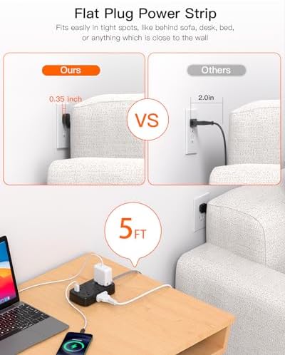 BESHON 5 FT Flat Plug Power Strip with 6 Outlets and 4 USB Ports – Ideal Travel Companion for Dorm Rooms and Cruise Ships, Space-Saving Design for Enhanced Accessibility and Fast Charging