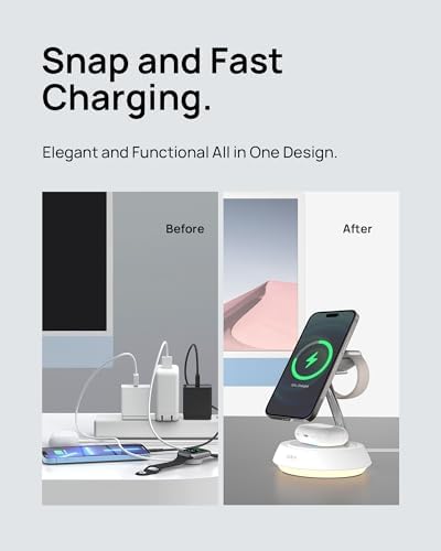 SODI 3-in-1 Magnetic Wireless Charging Station with Ambient Light – 15 W Fast Charger for i Phone 16, 15, 14, 13, 12 Pro/Max, Air Pods & Apple Watch – Sleek Design for Effortless Device Organization and Enhanced Charging Efficiency