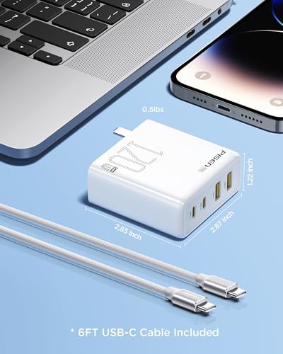 PISEN 65 W Ga N USB-C Fast Charger | 4-Port Compact Wall Adapter with 4 FT Cable | Ultimate Charging Solution for Mac Book Pro, i Pad Pro, Galaxy S23 & i Phone Series | Enhanced Speed, Energy Efficiency & Travel-Friendly Design