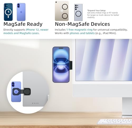 R7 Magnetic Laptop Phone Holder, Lightweight Portable and Versatile Stand for MagSafe and Non-MagSafe Devices, Compatible with Apple Watch Charging, Monitor Screen Side Mount for Work, Multi-Tasking – Enhanced Compatibility and Speed