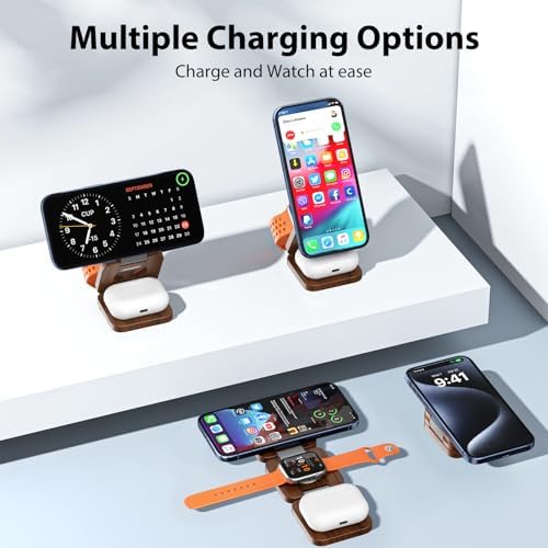 X55 Magnetic Foldable 3-in-1 Charging Station for Apple Devices – 15 W Fast Wireless Charger for i Phone 16, 15, 14, 13, 12 Series, 5 W Apple Watch Power Station, Portable Air Pods Charging Stand – Sleek Black Design for Travel and Home Use
