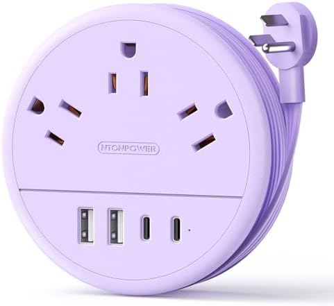 Stylish NTONPOWER Purple Extension Cord with 3 AC Outlets & 4 USB Ports (2 USB-C) – 4 FT Flat Power Strip for Kawaii Dorm & Office Decor – Compact, Versatile Charging Station for Modern Workspaces