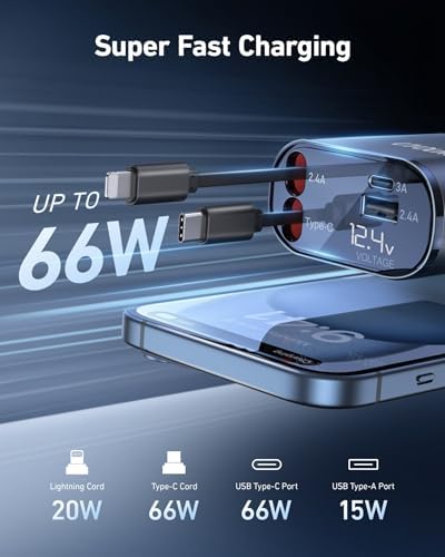Revolutionize Your Road Trips with the UYOUNG 100 W Retractable Car Charger – 4-in-1 Fast Charging Solution with Dual 31.5-Inch Cables & Dual USB Ports for i Phone 15/14/13/12/11 Pro Max, Samsung, Pixel, and More – Ultimate Compatibility & Speed for Modern Travelers