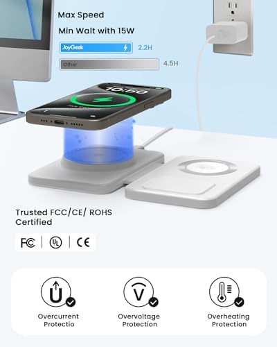 Magnetic Wireless Charging Station for i Phone 15/14/13/12 Pro Max & Apple Devices – Joy Geek 3-in-1 Fast Charger Pad for i Phone, Apple Watch Ultra 9-2, and Air Pods – Compact Design with Enhanced Compatibility and Secure Magnetic Alignment
