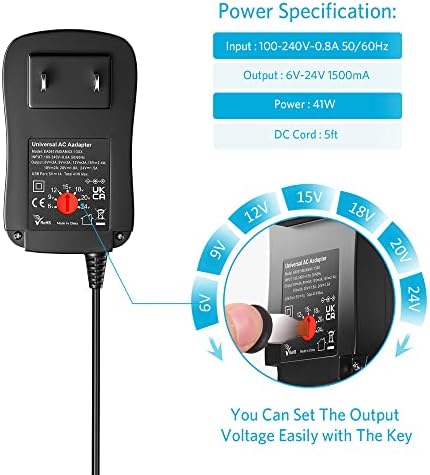 Belker 41 W Universal Multi-Voltage AC/DC Power Adapter – Energy Efficient Charger for 6 V to 24 V Devices – Compact, Lightweight Solution for Smartphones, Routers, MP3 s, Tablets & CCTV Cameras – Reliable 1.5 A Max Output with Overcurrent & Overheat Protection