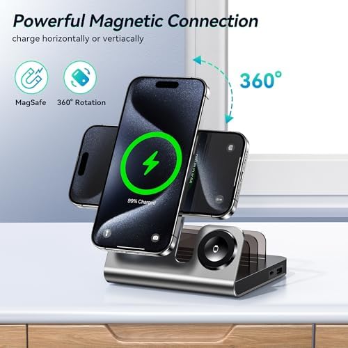 Ultimate 5-in-1 Magnetic Wireless Charging Station for Apple Devices – Fast Mag-Safe Charger Stand for i Phone 16/15/14/13/12 Pro Max, i Watch Series, & Air Pods Pro – Sleek Black Design for Enhanced Compatibility & Rapid Power-Up