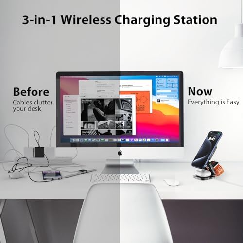 X55 Magnetic Foldable 3-in-1 Charging Station for Apple Devices – 15 W Fast Wireless Charger for i Phone 16, 15, 14, 13, 12 Series, 5 W Apple Watch Power Station, Portable Air Pods Charging Stand – Sleek Black Design for Travel and Home Use
