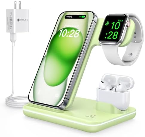 WAITIEE 3-in-1 Wireless Charging Station for i Phone, Apple Watch & Air Pods – Fast, Stylish Blue Charger with Enhanced Compatibility for i Phone 16, 15, 14, 13, 12, 11, X, 8 & Air Pods Pro – Ultimate Travel-Friendly Charging Solution with Safety Features