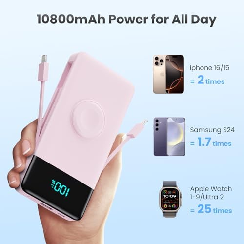 10800 m Ah Portable Charger with Built-in Cables & Wall Plug – 6-in-1 Power Bank for i Phone 16/15/14, Android, Apple Watch – Ultra-Fast QC4.0 & PD Charging with LCD Display – Slim, Lightweight Design for Travel & Outdoor Use – Charge 5 Devices Simultaneously – Hassle-Free Charging Solution with 24-Month Warranty