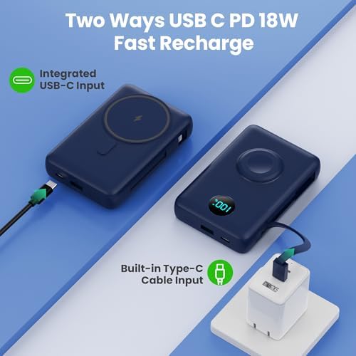 Magnetic Portable Charger 10800 m Ah – 6-in-1 Wireless Power Bank with Built-in Cables for i Phone & Apple Watch – 20 W PD Fast Charging Battery Pack in Stylish Blue – Ultimate On-the-Go Charging Solution with Enhanced Compatibility and Secure Magnetic Connection