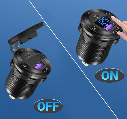 High-Performance Aluminum Alloy USB C Car Charger Socket – Dual Port Waterproof Power Adapter with PD 36 W & Quick Charge 3.0, Built-in Voltmeter & Switch for Trucks, Boats, Motorcycles, RVs, and Golf Carts – Ultimate Charging Solution for Adventure Seekers