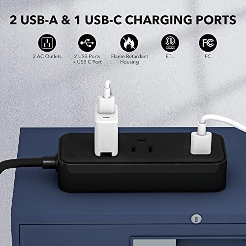 Elevate Your Charging Game with the Clear Power 2-Outlet Power Strip – 6 ft Flat Plug Power Station Featuring 3 USB Ports (1 USB-C) for Rapid Device Charging, Ideal for Home, Office & Travel, Durable & Compact Design, White, Model DC3 S-1102-DC
