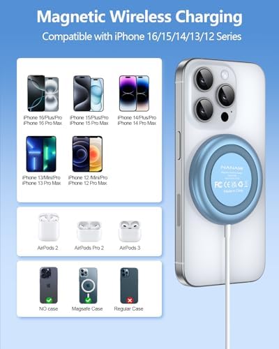 NANAMI Magnetic Wireless Charging Pad – Premium Fast Charger for i Phone 16/15/14/13/12 & Air Pods 3/2/Pro/Pro 2 with 20 W PD USB-C Adapter – Sleek Design for Effortless Charging & Enhanced Compatibility