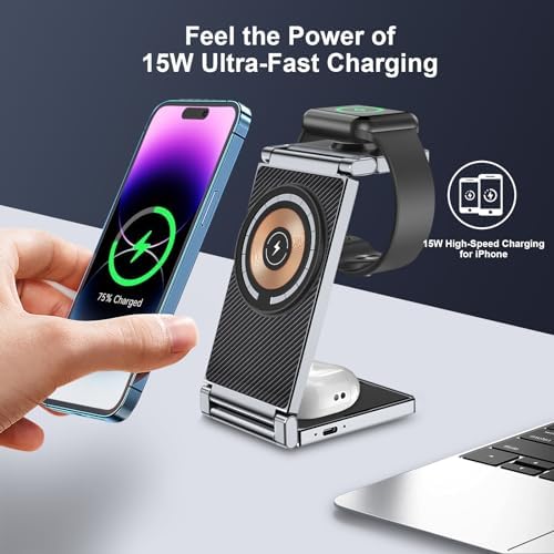 Revolutionary 3-in-1 Magnetic Foldable Wireless Charging Station for Apple Devices – Ultimate Compatibility with i Phone 15/14/13/12, Apple Watch 9/8/7/6/5/4/3/2/SE, and Air Pods 3/2/Pro – Fast, Efficient, and Portable Charging Solution for Home, Office, or Travel – Simplify Your Charging Routine with Durable, Space-Saving Design
