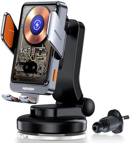 NOHON 15 W Qi Wireless Car Charger and Phone Holder with Auto Sensor Clamping – Rapid Charging Solution for i Phone 15, 14, 13, 12 Pro Max – Stylish Silver Design for Seamless Navigation and Road Safety Enhancement